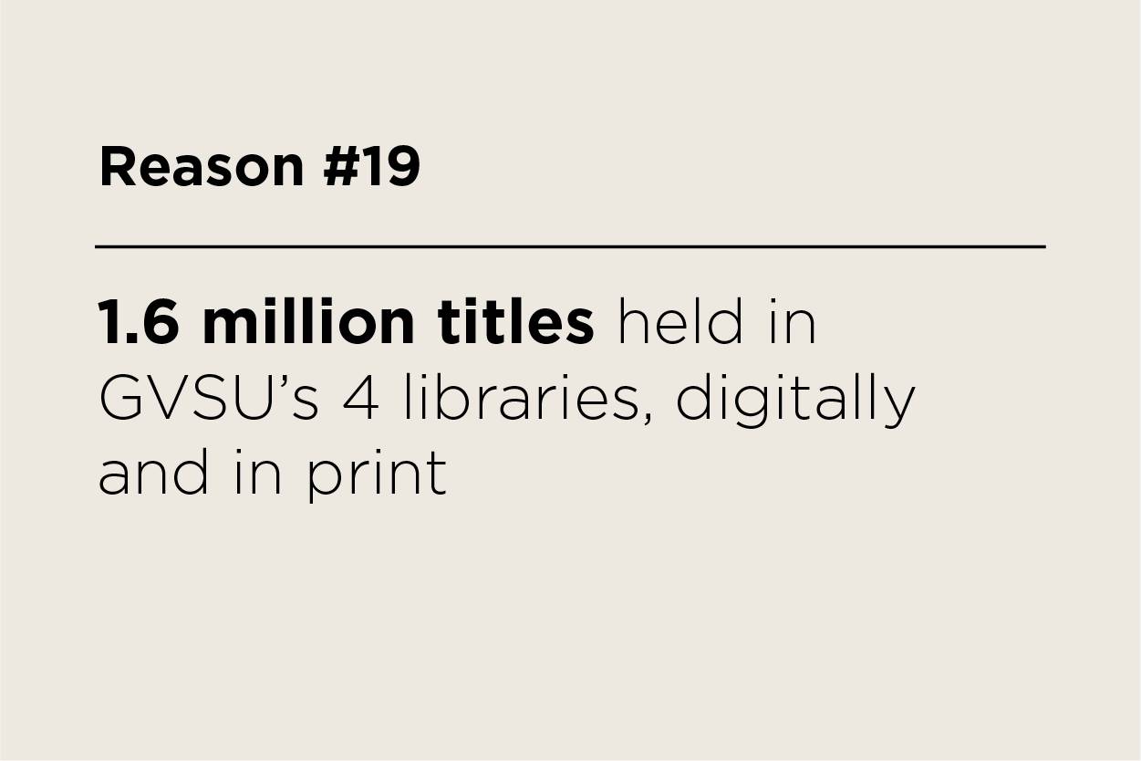 1.6 million titles held in GVSU&#8217;s 4 libraries, digitally and in print